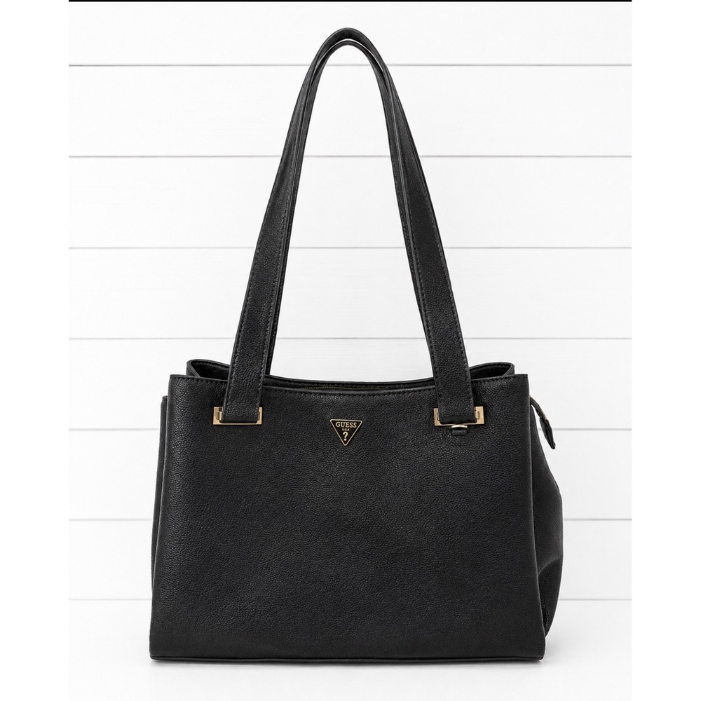 Guess Black Pebbled Leather Triple Compartment Shoulder Bag Gold Hardware Tote